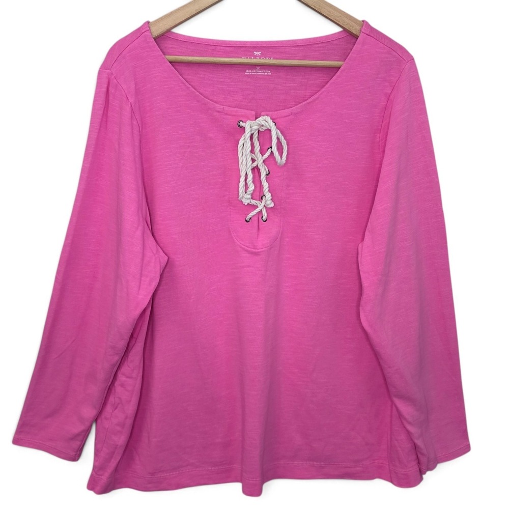 Talbots Top Womens Plus 2X Pink Slub Knit Lace Up Long‎ Sleeve Cotton Casual